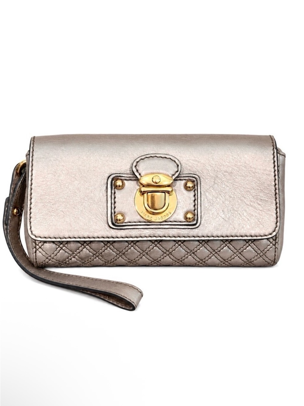 Marc Jacobs Metallic Pewter Quilted Wristlet Clutch with Gold Hardware